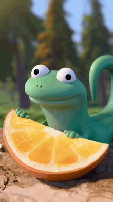 a green lizard holding a slice of orange