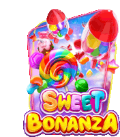 a poster for sweet bonanza with colorful lollipops and balloons on it