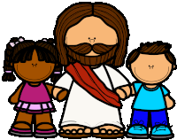 a cartoon drawing of jesus standing next to two children