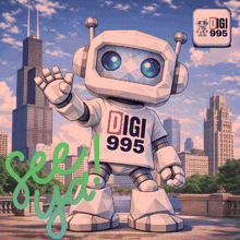 a robot wearing a shirt that says digi on it