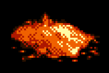 a pixel art drawing of a fire with a black background and a few white squares