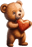 a brown teddy bear is holding a red heart in its paws