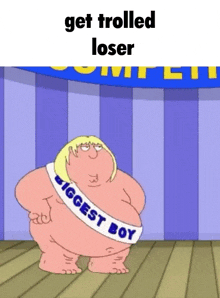 a cartoon character with a sash that says biggest boy on it