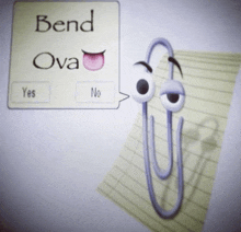 a paper clip with a speech bubble that says bend ova on it