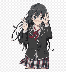 a girl in a school uniform giving the peace sign