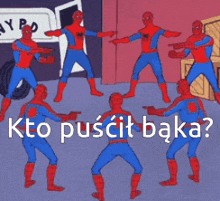 a group of spidermans are standing in a circle with the words " kto puscit baka " on the bottom