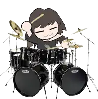 a cartoon of a girl playing drums with a sp drum set in front of her