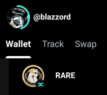 a black background with the words wallet track swap and rare written on it