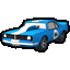 a blue car with a white stripe on the side is on a white background in a pixel art style .