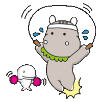 a cartoon of a hippo jumping a jump rope next to a whale with pink pom poms