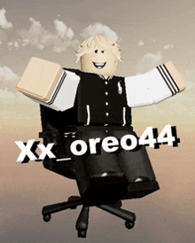 a cartoon character is sitting in an office chair with the name xx oreo44 written on the bottom