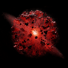 a red sphere with a black background and a lot of rocks around it