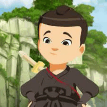 a cartoon boy is holding a sword in his hand in front of a rock wall .