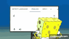 a cartoon of spongebob standing in front of a monitor that says " detect language "