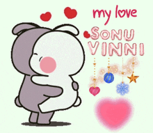 a teddy bear is hugging another teddy bear with the words my love sonu vinni