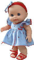 a baby doll wearing a blue and red dress and red shoes