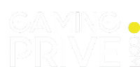 a white logo with a yellow circle in the middle that says gaming prive