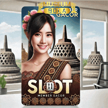 a woman with flowers in her hair is on a poster for slot