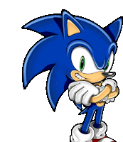 a cartoon of sonic the hedgehog with his arms crossed on a white background