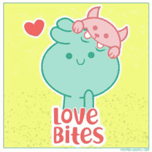 a cartoon character with a heart and the words love bites on the bottom