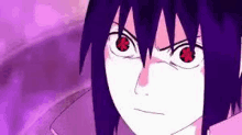 a close up of a person 's face with red eyes and purple hair .