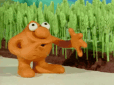a cartoon character giving a thumbs down sign in front of a field of wheat