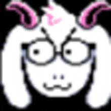 a pixel art drawing of a sheep with horns and glasses .