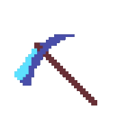 a pixel art drawing of a pickaxe with a blue handle