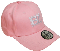 a pink baseball cap with the letter b embroidered on the front