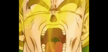 a close up of a cartoon character 's face with his mouth open and his eyes closed .