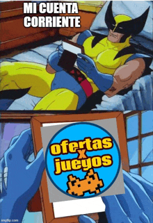 a cartoon of wolverine reading a book and holding a framed picture of ofertas juegos