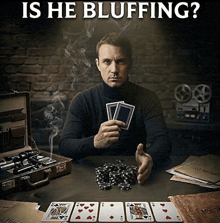 a man sitting at a table with playing cards and a briefcase and the words is he bluffing