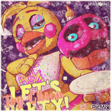 a picture of toy chica from five nights at freddy 's with the words let 's choco party written on it