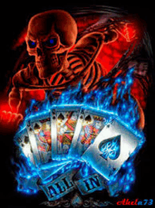 a skeleton is holding a stack of playing cards that say all in .