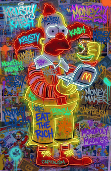 a neon sign of homer simpson holding a mcdonald 's hamburger with the words eat the rich on it