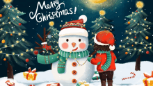 a child is standing next to a snowman with merry christmas written above it