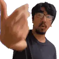 a man wearing glasses and a black shirt is making a funny face