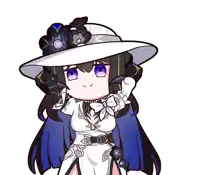 a cartoon character with purple eyes and a white hat