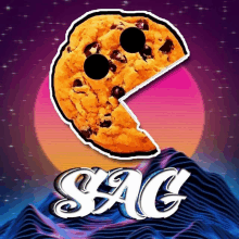 a sticker of a cookie with a bite taken out of it and the words sac below it