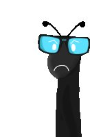 a black cartoon character wearing blue glasses with a sad face