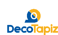 a blue and yellow logo for decotapiz with a tape roll