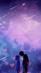 a man and a woman are standing next to each other under a starry sky with hearts falling from the sky