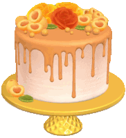 a cake with peach slices and flowers on top