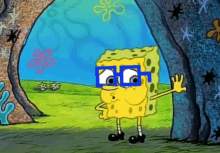 a cartoon of spongebob wearing glasses waving