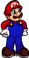 a cartoon drawing of mario wearing overalls and a red hat with a letter m on it