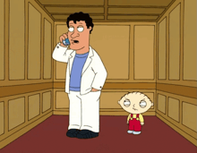 a cartoon of a man talking on a cell phone next to a boy