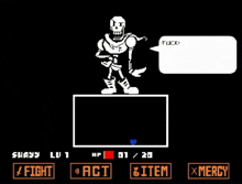 a skeleton in a video game with a speech bubble that says ' fuck '