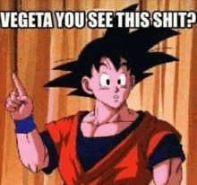 a cartoon character from dragon ball z is pointing up and says `` vegeta you see this shit ? ''