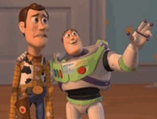 woody and buzz lightyear from the movie toy story are standing next to each other