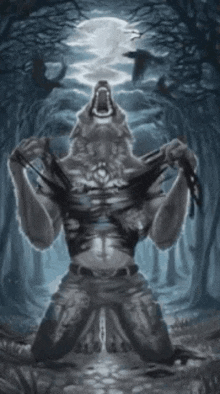 a werewolf is kneeling down in the middle of a dark forest .